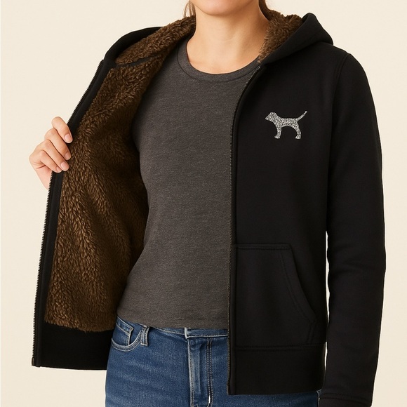 Y2K vintage Victoria's Secret Black Hoodie fur lined with Glitter Accents - Picture 2 of 8